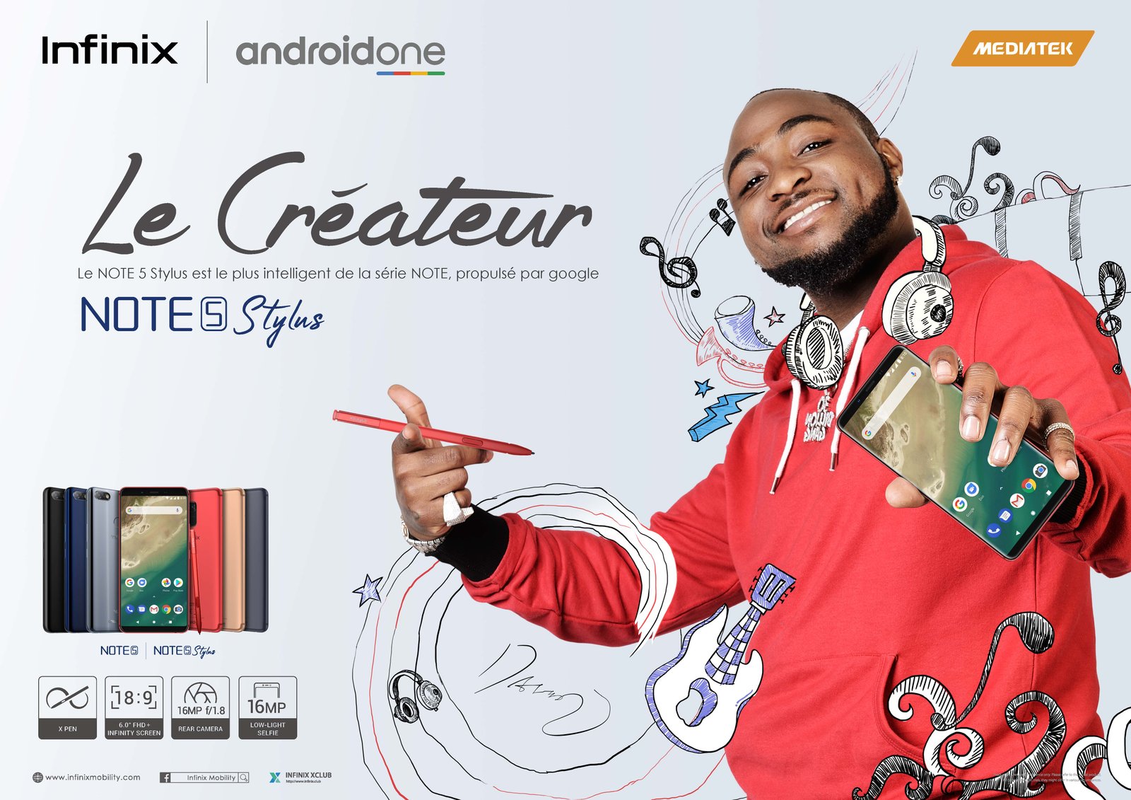 L'Infinix Note 5 Stylus dans les mains de la star de la musique nigériane Davido, ambassadeur de la marque.